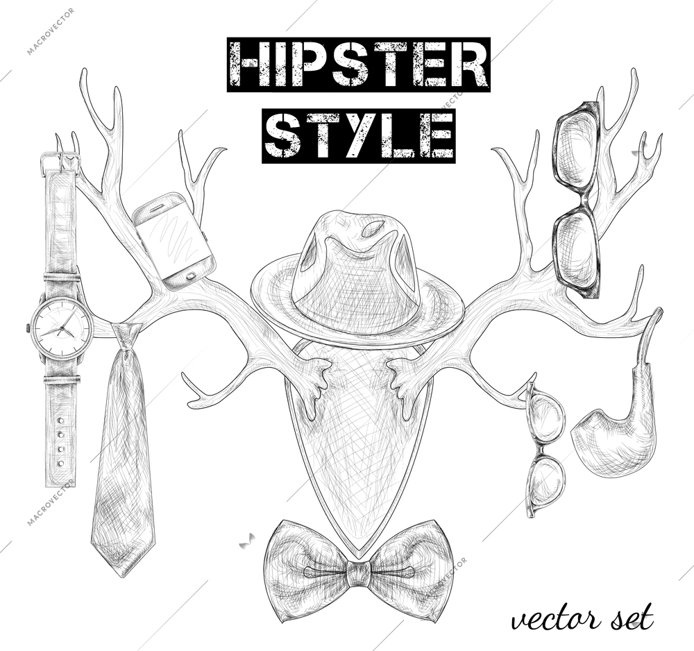 Hand drawn hipster style accessory set on antlers isolated sketch vector illustration