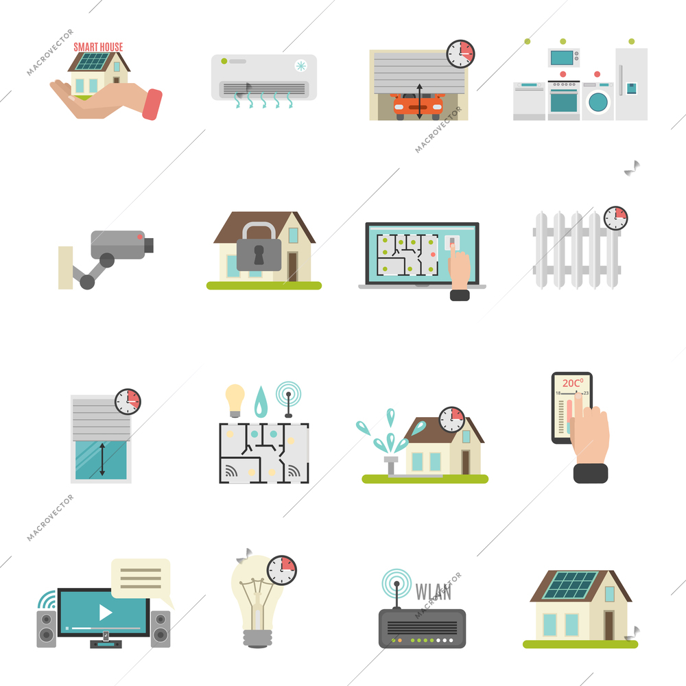 Smart house icons set with heating and conditioning system symbols flat isolated vector illustration