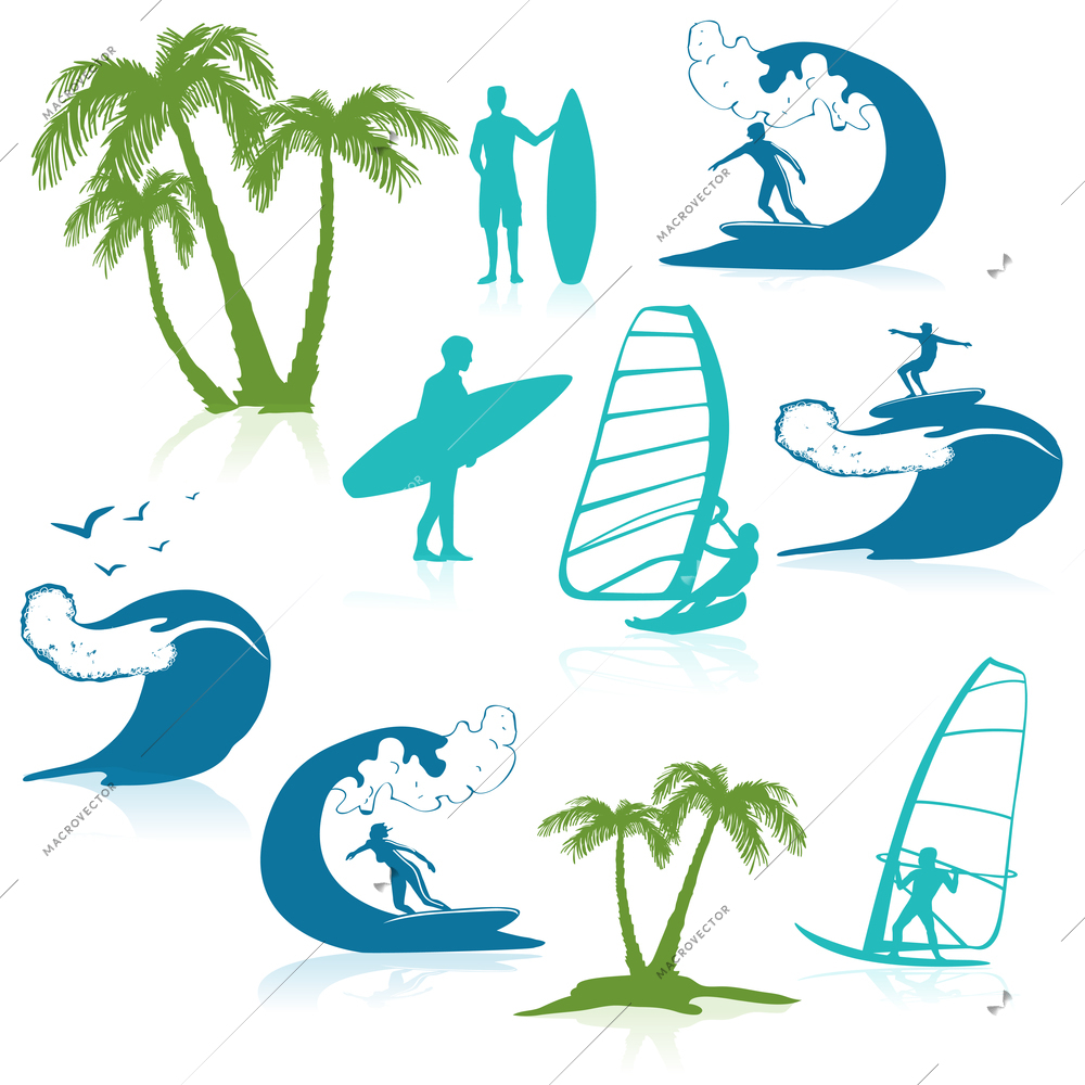 Surfing  icons with people silhouettes on the wave and palm trees  isolated vector illustration