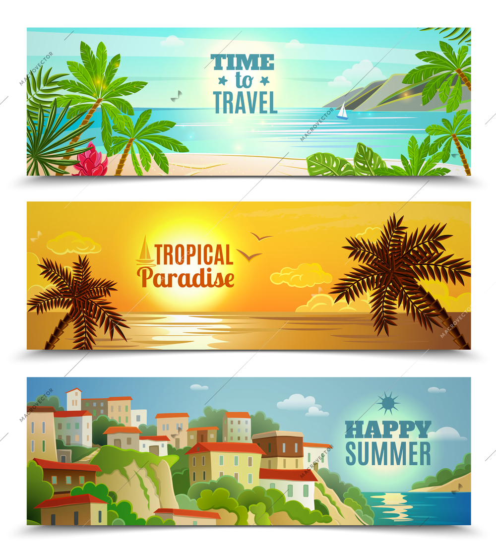 Summer vacation horizontal banners set with tropical beach sunset ocean water reflection  flat abstract vector isolated illustration