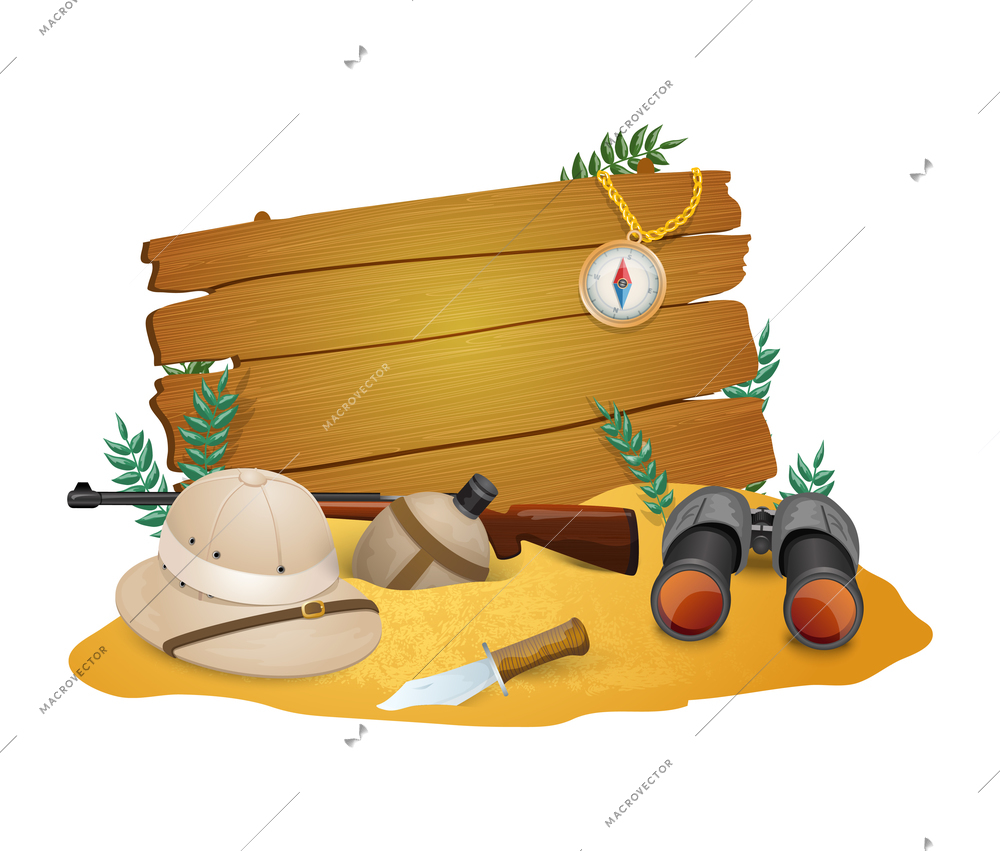 Safari poster  for savanna  hunting with tourist  ammunition and  discovery accessories  vector illustration