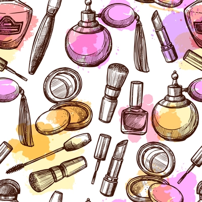 Perfume and cosmetics accessories performed in hand drawn style with watercolor spots seamless pattern background vector illustration