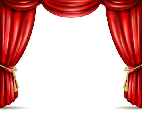 Opera house theater front stage iconic open red curtain drapery from heavy velour banner abstract vector illustration
