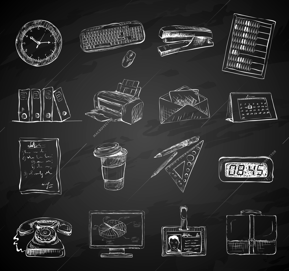 Business office stationery supplies icons set of folders files documents and briefcase isolated chalkboard vector illustration