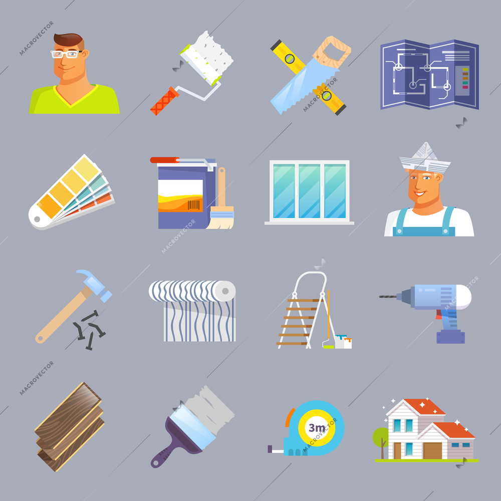 House renovation and maintenance flat icons set isolated vector illustration