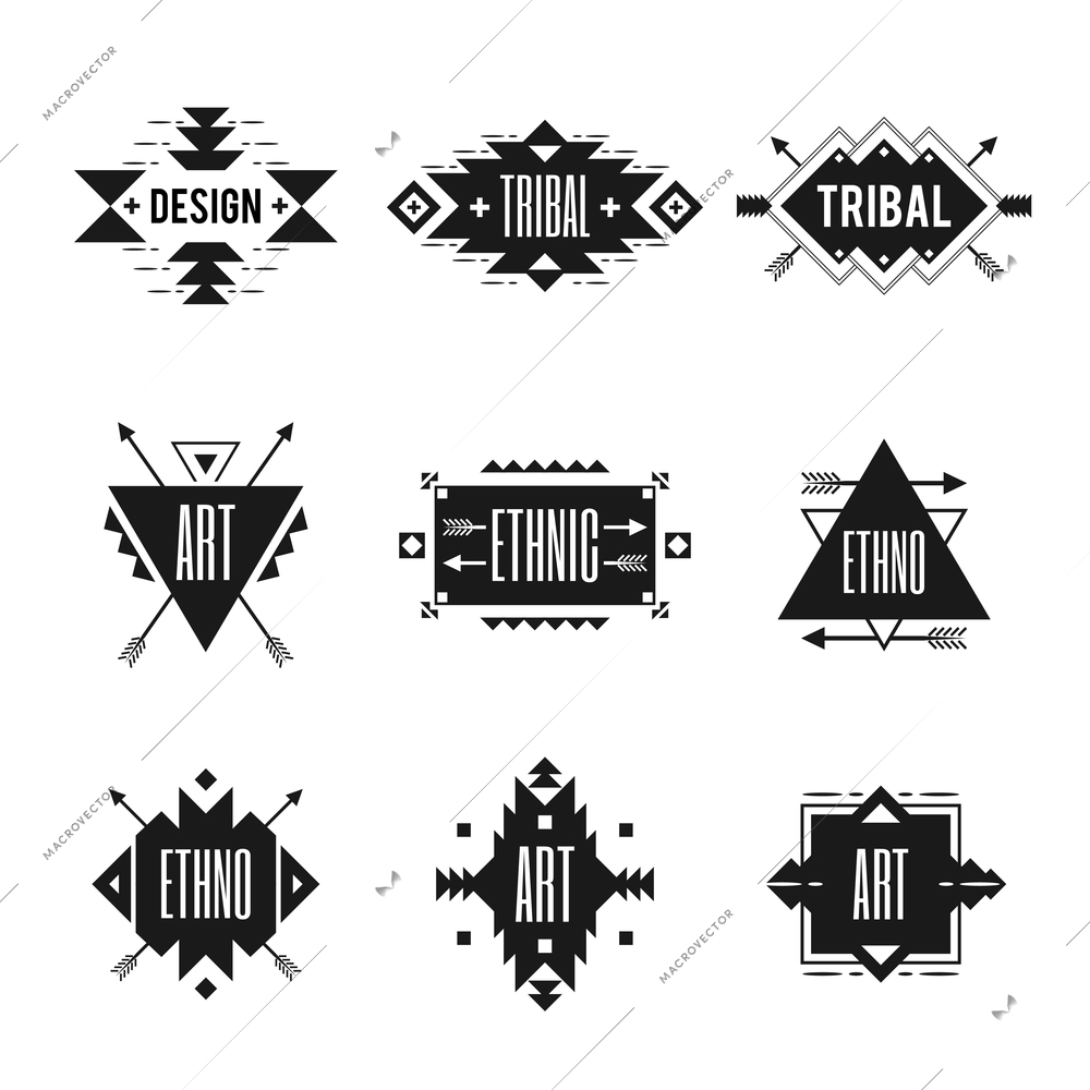 Ethnic black logo set with tribal ornaments isolated vector illustration