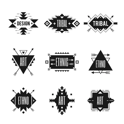 Ethnic black logo set with tribal ornaments isolated vector illustration