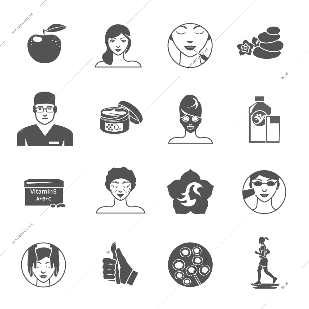 Rejuvenation body and skin care black icons set isolated vector illustration