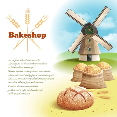 Bread background with old style country windmill and wheat harvest vector illustration