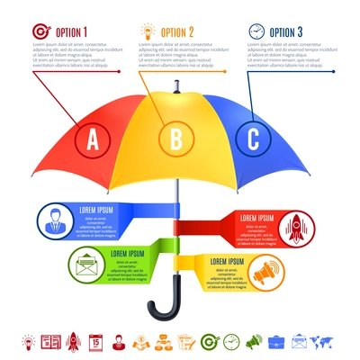 Business security and protection infographics set with colored umbrella vector illustration