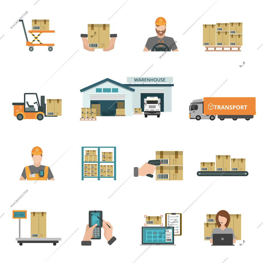 Warehouse and storage icons set with package and transport symbols flat isolated vector illustration