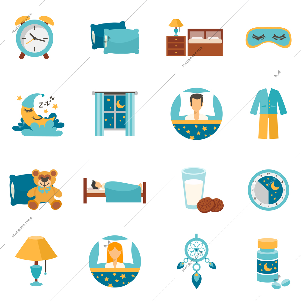 Sleep time flat icons set with alarm clock pillows and bedroom furniture isolated vector illustration