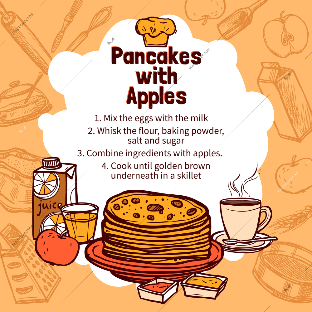 Recipe of pancakes with apple with hand drawn pancakes on background with sketch style elements vector illustration