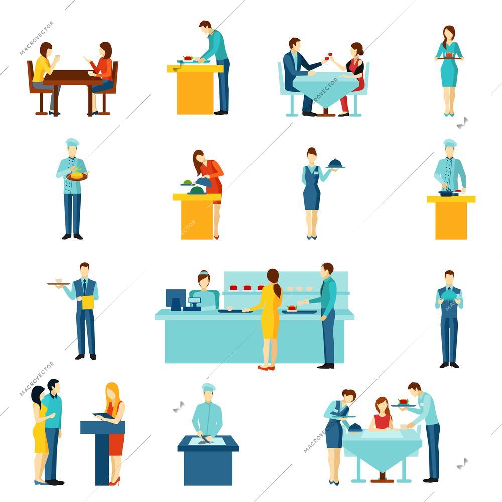 Catering restaurant service outlet for public events and home orders flat icons set abstract isolated  vector illustration