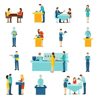 Catering restaurant service outlet for public events and home orders flat icons set abstract isolated  vector illustration