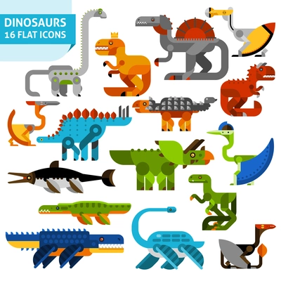 Cute cartoon flat dinosaur animals icons set isolated vector illustration