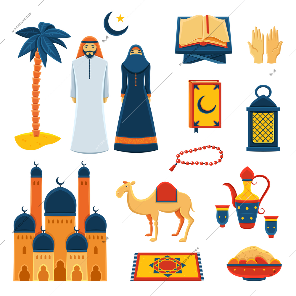 Islam religious rituals flat icons collection with koran prayer beads and traditional clothes abstract isolated vector illustration