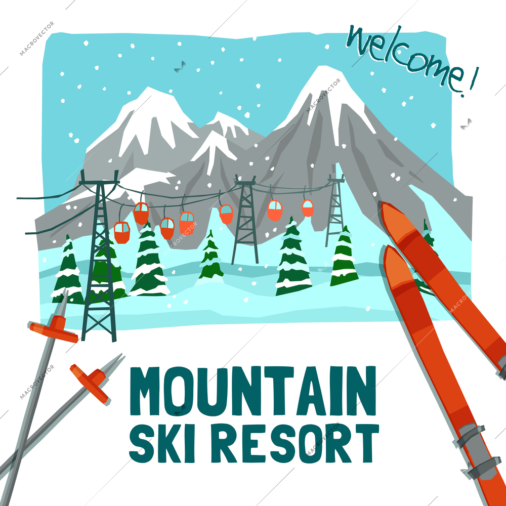 Winter landscape advertising color poster presenting ski resort with ice peaks pines and cableway vector illustration