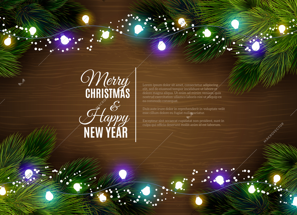 Christmas greetings with fair light decorations and fir branches border against dar wooden background abstract vector illustration