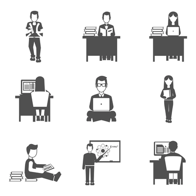 Students and learning process black icons set isolated vector illustration