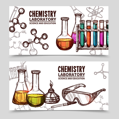 Two hand drawn style banners with titles of chemistry laboratory equipments and elements isolated vector illustration