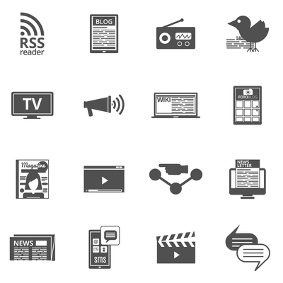 Mass media communication technology black icons set with internet television newspaper electronic broadcasting abstract isolated vector illustration