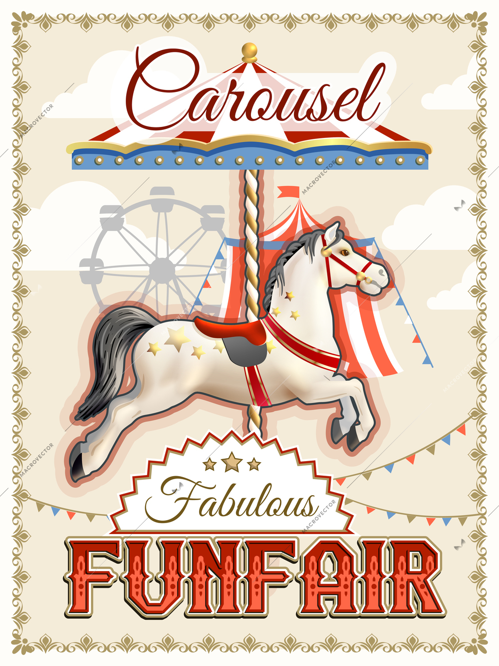 Retro funfair or amusement park poster with carousel horse vector illustration