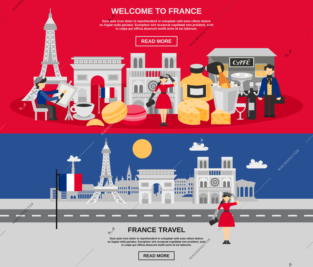 France horizontal banner set with travel and tourist symbols isolated vector illustration