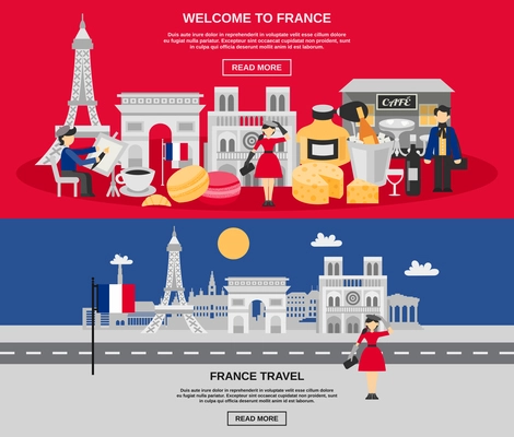 France horizontal banner set with travel and tourist symbols isolated vector illustration