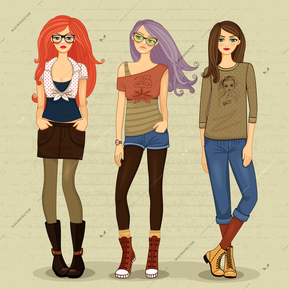 Set of modern girls vector illustration isolated