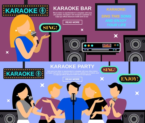 Karaoke horizontal banner set with people singing songs isolated vector illustration