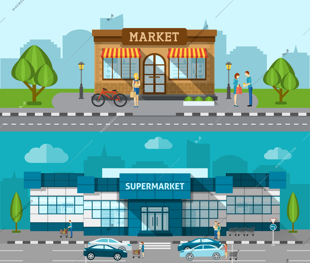 Shop market and supermarket buildings flat horizontal banner set isolated vector illustration