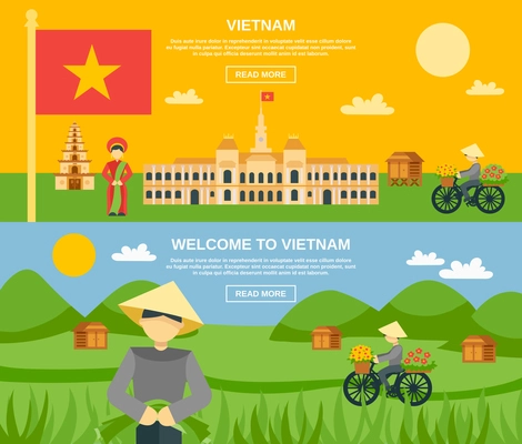 Vietnam horizontal banner set with flat tourist attractions elements isolated vector illustration