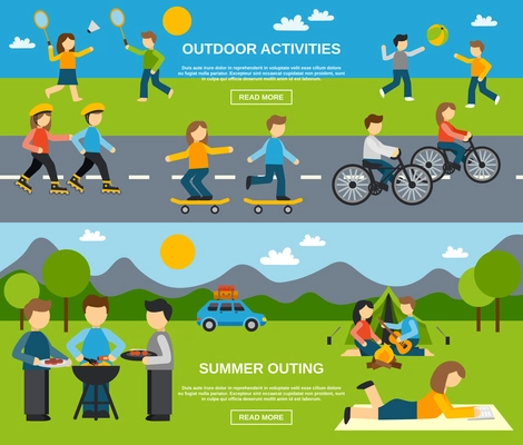 Outing horizontal banner set with outdoor activities isolated vector illustration