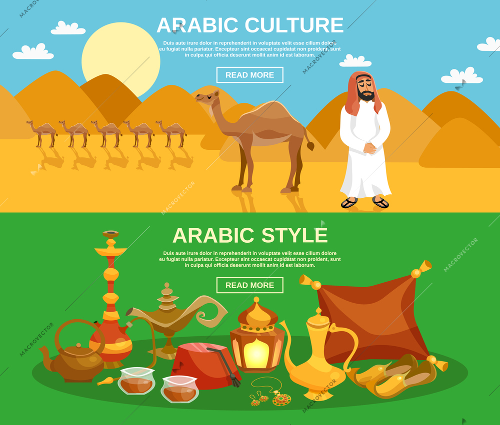 Arabic culture horizontal banner set with food drinks and camels on desert background isolated vector illustration