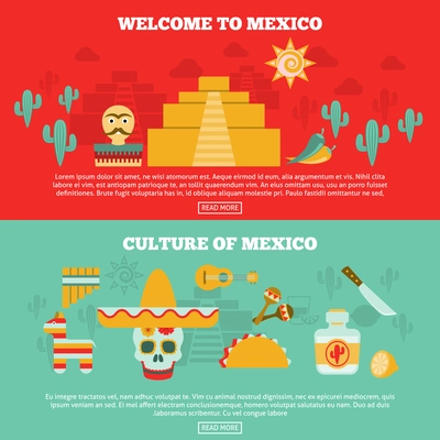Mexican horizontal banners set with culture and tourism symbols flat isolated vector illustration