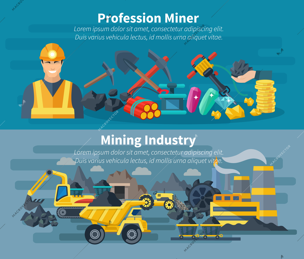 Mining banner horizontal set with professional miner avatar isolated vector illustration
