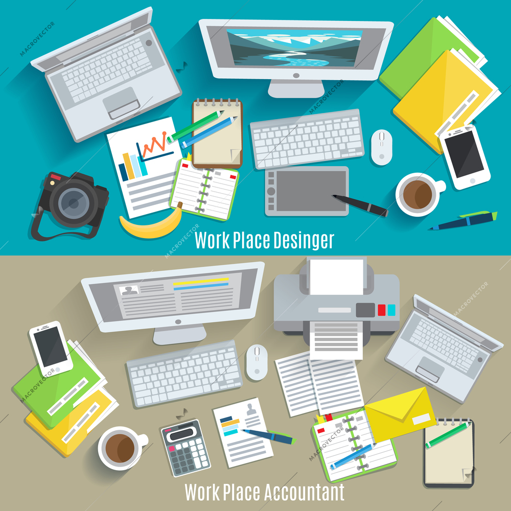 Designer and accountant work place horizontal banner set isolated vector illustration