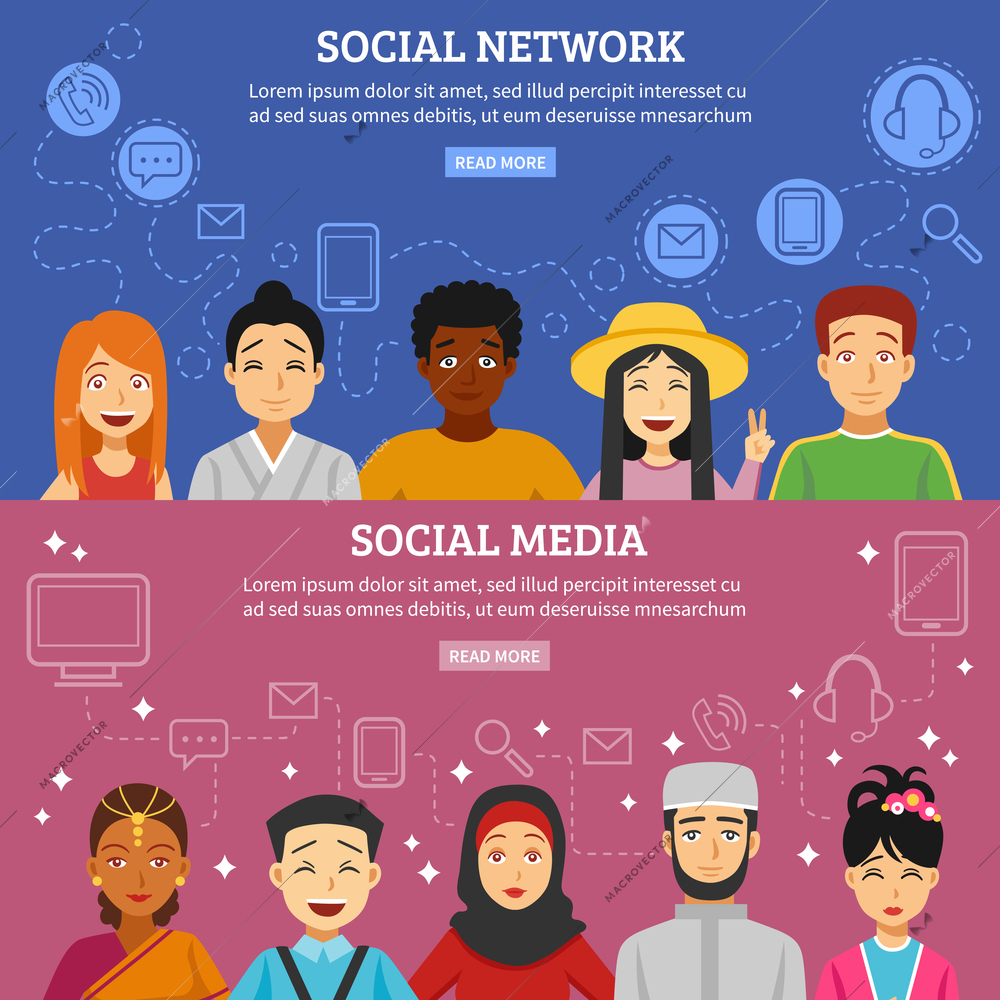 Social network and media horizontal banners set with different nationalities flat isolated vector illustration