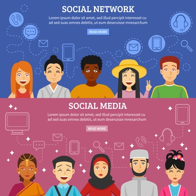 Social network and media horizontal banners set with different nationalities flat isolated vector illustration