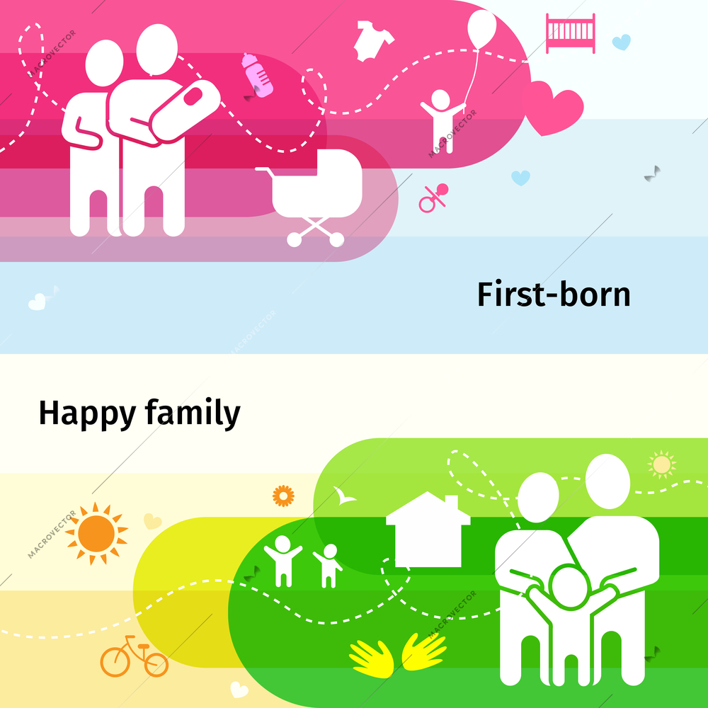 Happy family concept horizontal banners set with first-born symbols flat isolated vector illustration