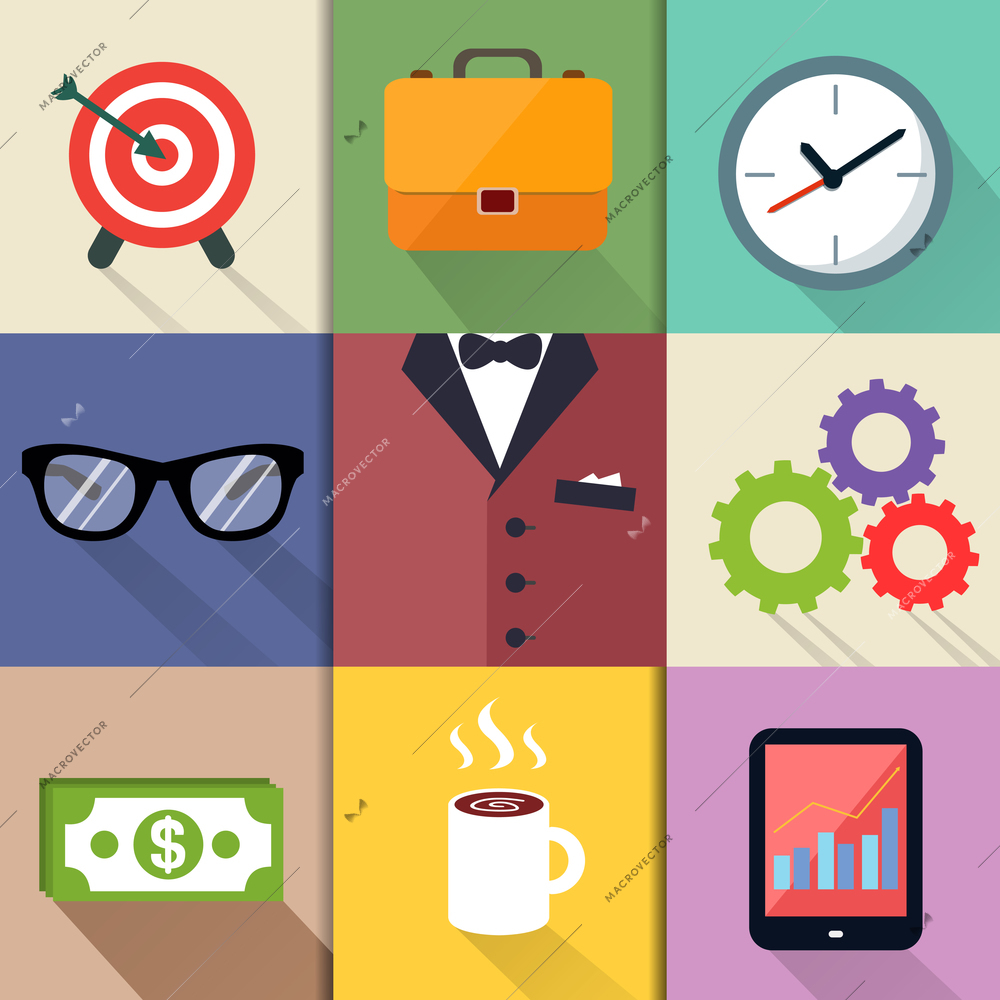 Business suits, Icons set of target with arrow briefcase clock cogs and gears vector illustration