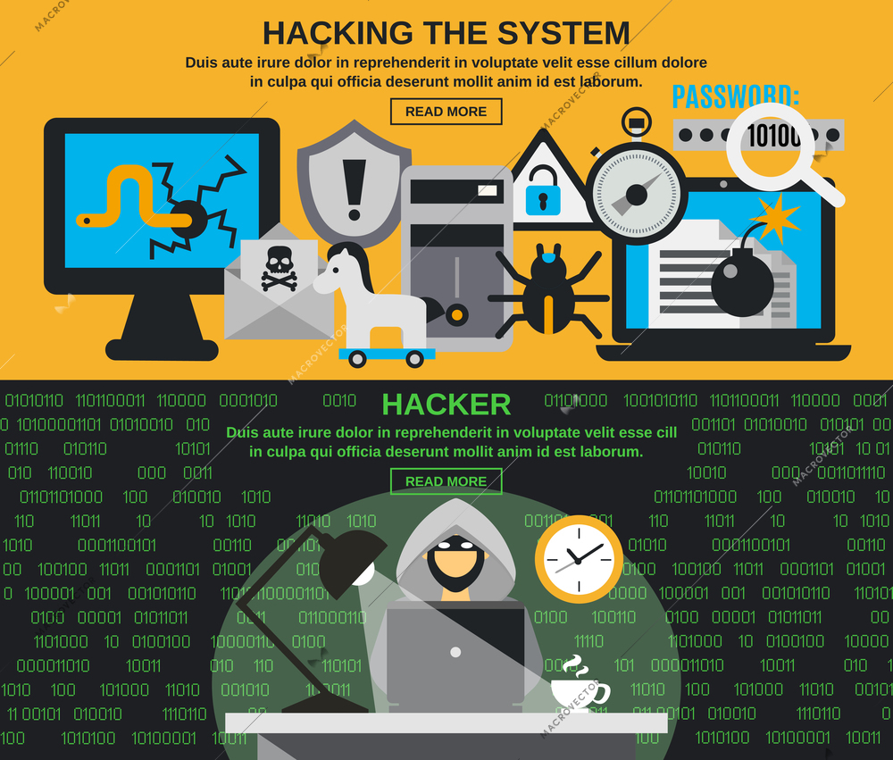 Hacker horizontal banner set with computer system protection elements isolated vector illustration