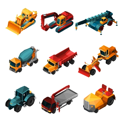 Isometric construction machines set with low poly bulldozer tractor and excavator isolated vector illustration
