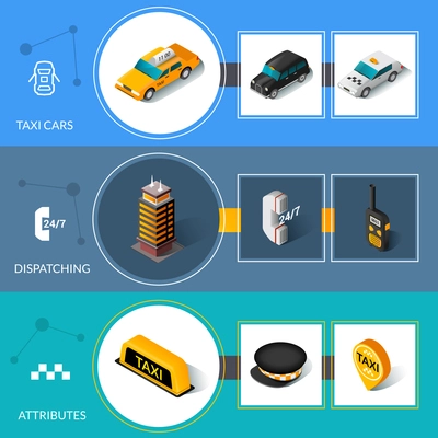 Taxi car attributes and 24 hours dispatching service informative isometric pictograms banners set abstract isolated vector illustration