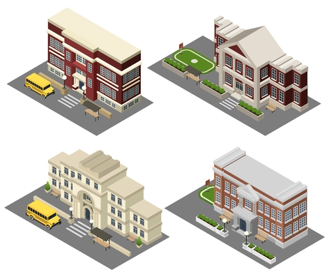 School building isometric icons set with field bus and benches isolated vector illustration