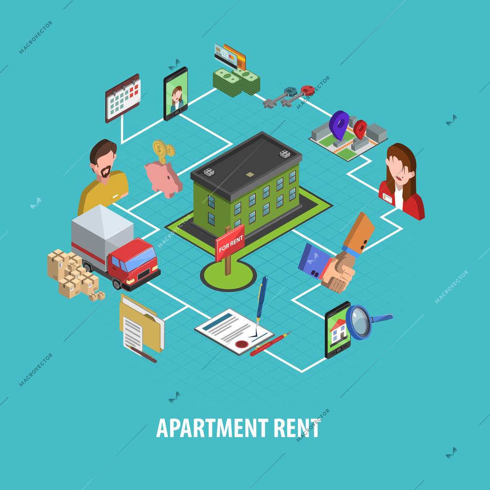 Real estate rent concept with isometric house searching and choosing icons vector illustration