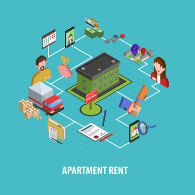 Real estate rent concept with isometric house searching and choosing icons vector illustration