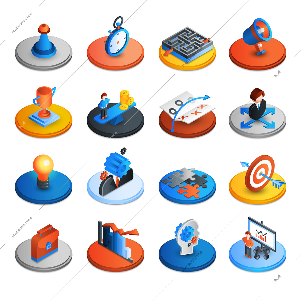 Business strategy and marketing ideas isometric icons set isolated vector illustration