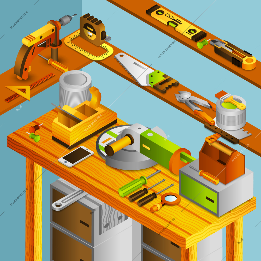 Workshop concept with isometric handyman tools on wooden table vector illustration